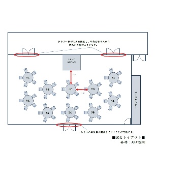50名のサンプルレイアウトとなります。通常は100名様までご着席いただけますが、ソーシャルディスタンスを確保し可能な限り広くご利用いただけるよう会場のご利用人数を制限させていただく場合がございます。
