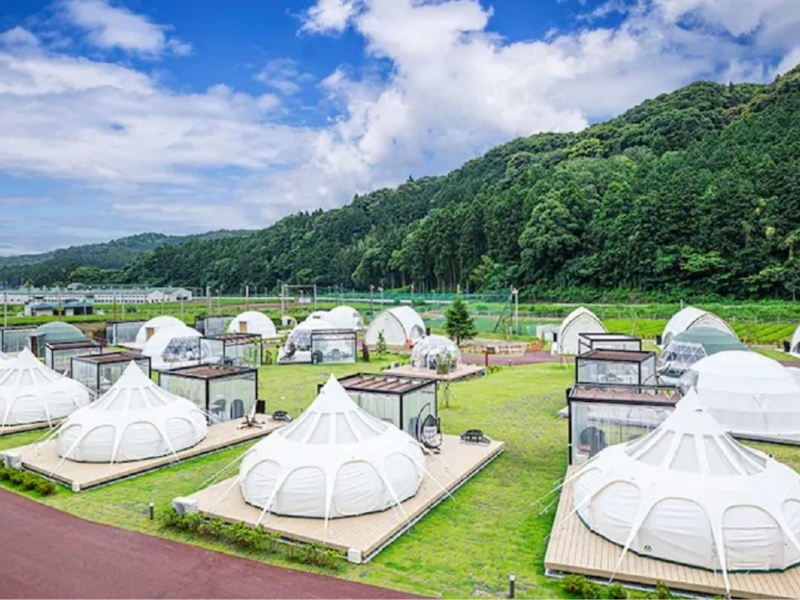 青空と緑に囲まれた、開放感抜群のテントサイト全景