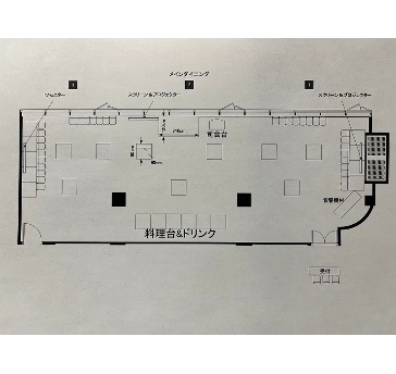 3部屋ご利用の際の立食パーティーのレイアウトイメージとなります。
最大150名様までご利用いただける大きなお部屋となります。
テラスのご利用や最大3台の映像機器の利用も可能で御座います。