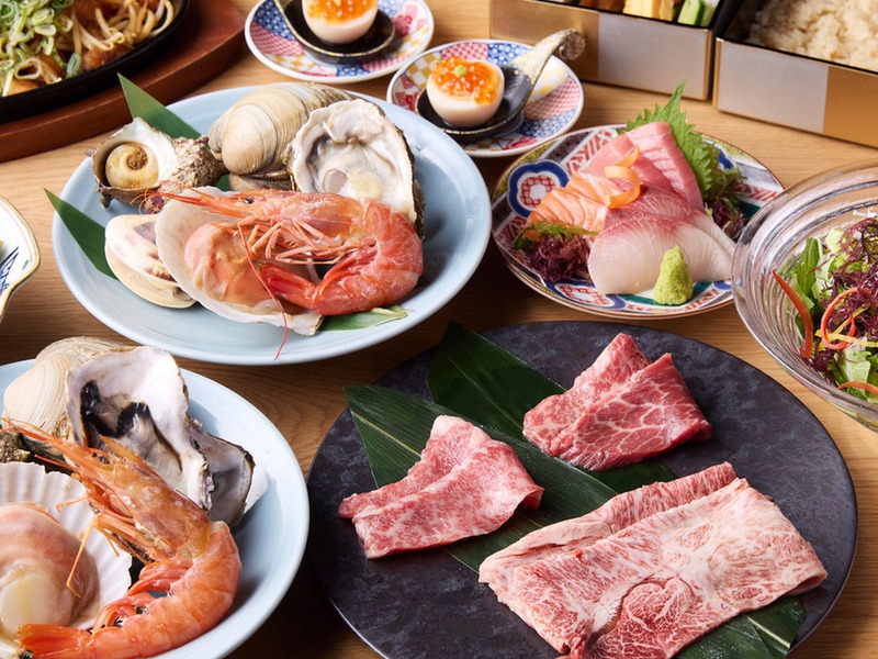 【一人一台の専用焼き台★貝鮮浜焼き×黒毛和牛】『海鮮＆黒毛和牛 豪華焼きコース』貝鮮6種＆黒毛和牛焼肉 全7品＋飲み放題