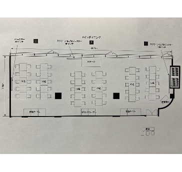 3部屋ご利用の際の着席パーティーのイメージレイアウトとなります。
最大着席は100名様となっております。
最大で3台のモニター・スクリーンやテラスもご利用いただけます。