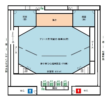８階のフロア図です。控室が東西２カ所あります。西控室では有線ＬＡＮが使用可能です。東控室はメイク用の鏡が設えてあります。