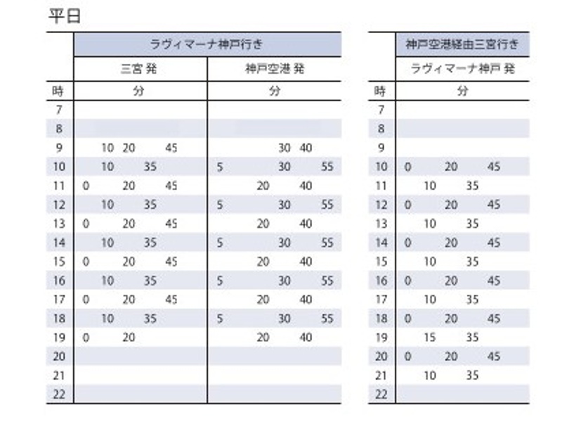 【巡回シャトルバス時刻表】各線三宮駅(JR/阪急/阪神/地下鉄)から北側山側)へ徒歩約2分の所に無料シャトルバスのバス停がございます。土日祝は神戸空港からもご乗車いただけます。平日は7日前の事前予約制で神戸空港を経由いたします。ご相談ください。
