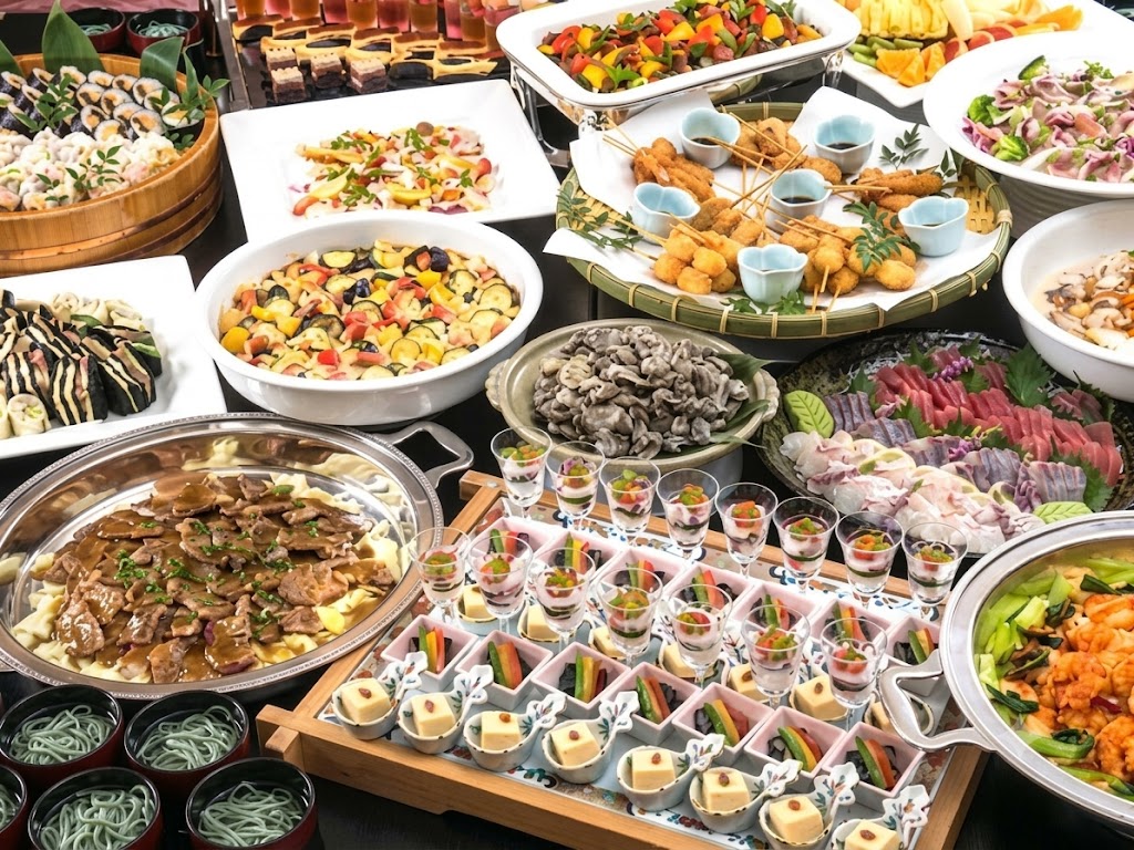 【ビュッフェ（例）】
和食・洋食・中華から選べるコースや、飲み放題付きのパーティープランなど、用途に応じて柔軟に対応可能です。