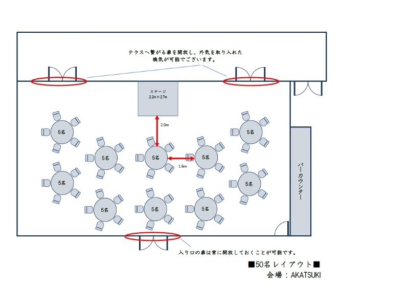 50名のサンプルレイアウトとなります。通常は100名様までご着席いただけますが、ソーシャルディスタンスを確保し可能な限り広くご利用いただけるよう会場のご利用人数を制限させていただく場合がございます。