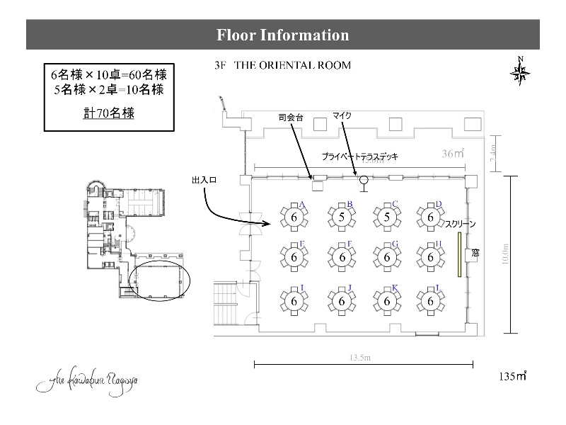正餐サンプルレイアウトです。
ご希望人数に応じてのレイアウト作成も可能です。
お気軽にご相談下さいませ。
