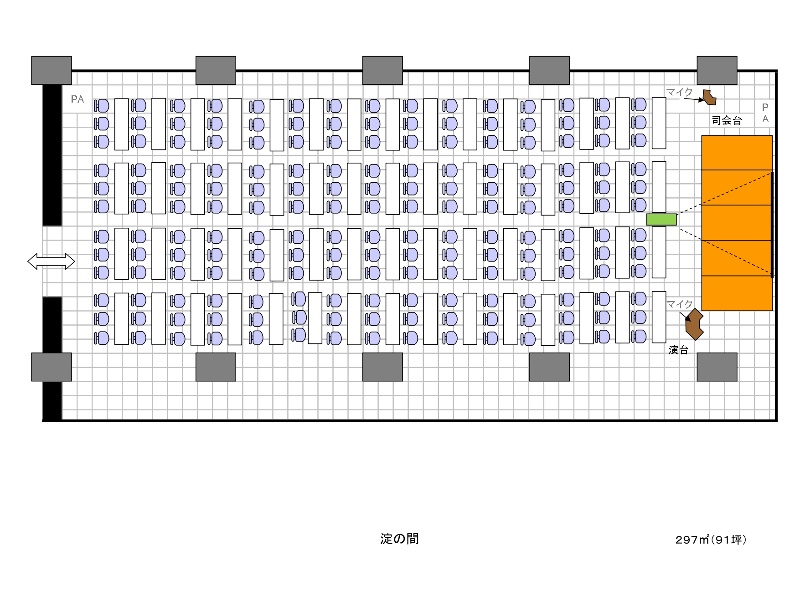 スクール形式レイアウト図案。
１テーブル3名掛けで最大180名様、1テーブル2名掛けで最大120名様、
1テーブル1名掛けで最大60名様まで収容可能。

セミナーや研修会にお使いください。
