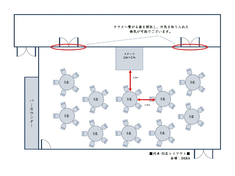 50名のサンプルレイアウトとなります。通常は100名様までご着席いただけますが、ソーシャルディスタンスを確保し可能な限り広くご利用いただけるよう会場のご利用人数を制限させていただく場合がございます。