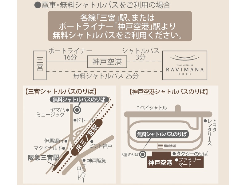 【巡回シャトルバス乗り場案内】各線三宮駅(JR/阪急/阪神/地下鉄)から北側山側)へ徒歩約2分の所に無料シャトルバスのバス停がございます。土日祝は神戸空港からもご乗車いただけます。平日は7日前の事前予約制で神戸空港を経由いたします。ご相談ください。