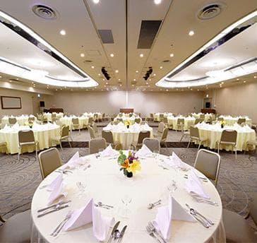 宴会場【空全室】
面積：357㎡
会議シアター形式：390名
会議スクール形式：240名
宴会立食：250名
宴会着席：160名
当ホテルのメインバンケットホールです。
会議、各種披露宴、展示会など幅広い用途にご利用いただけます。