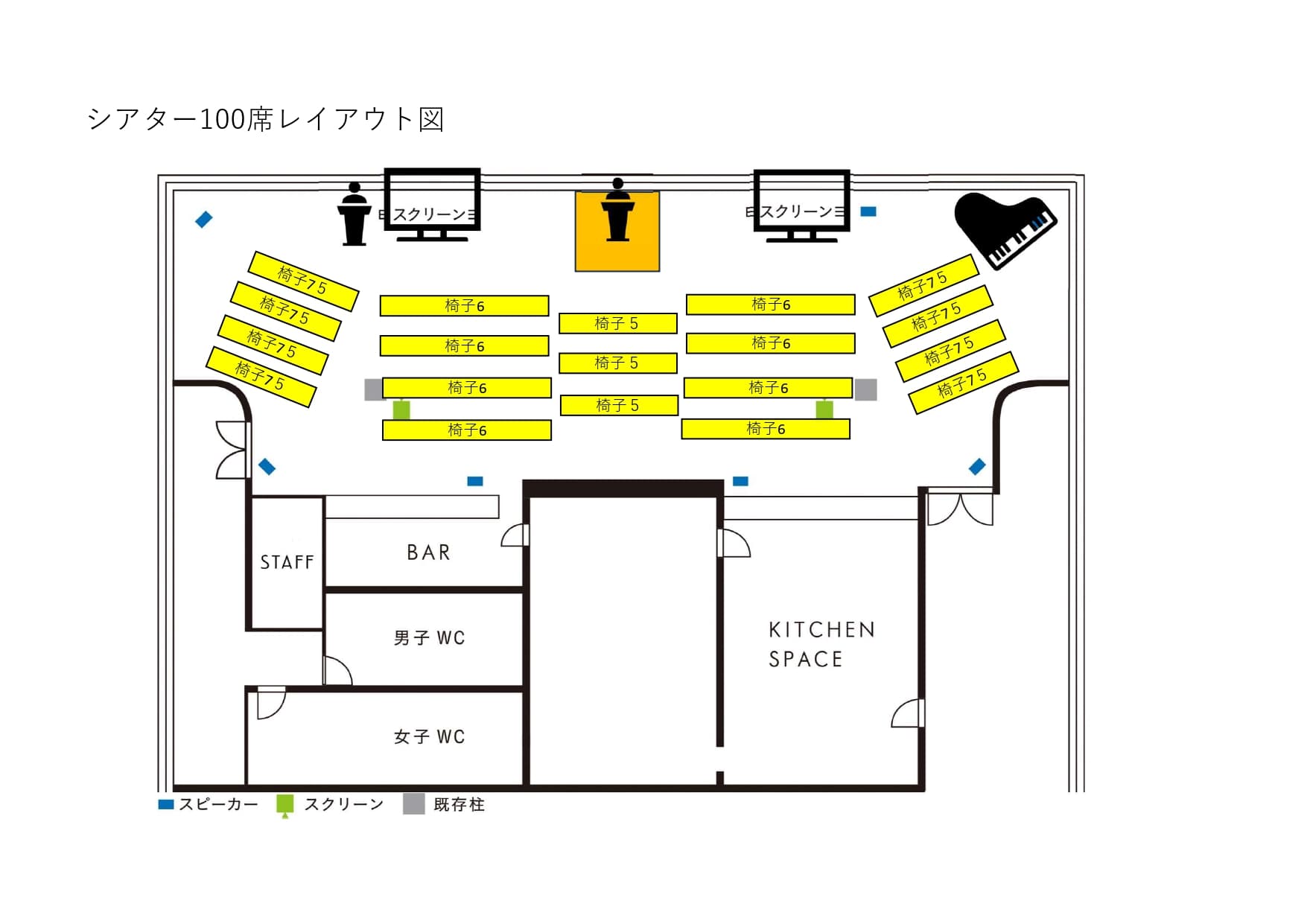 会議、講演会、セミナーで利用可能
シアター100名収容可能
スクリーン、プロジェクター完備