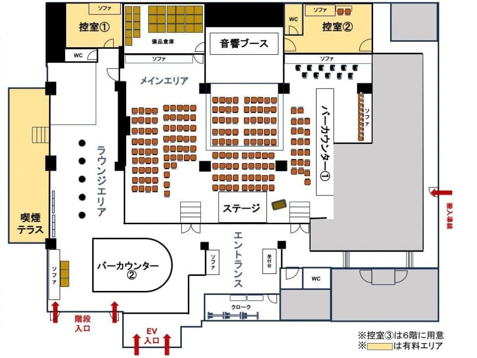 セミナー形式（音響ブース前ステージあり、着席175名）
メインエリア中央4箇所にモニターあり