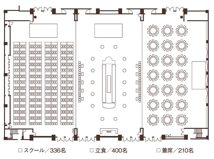大宴会場「平安」は、インターナショナルなコンペティションをはじめ、選ばれた方々の華やかでプレステージの高いお集まりにも多数ご利用いただきました。天井高8.0m、広さ635坪、最大で3,000名様のお客様をお迎えすることができる関西屈指の大宴会場です。