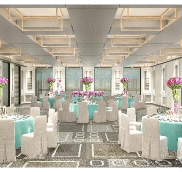 2018年4月に新宴会場オープン。3階中宴会場「京都」。スタイリッシュで上質な空間を作り出しています。210名様収容可能。中規模の婚礼やビジネスエグゼクティブの方々のセミナーやパーティーなどに最適です。