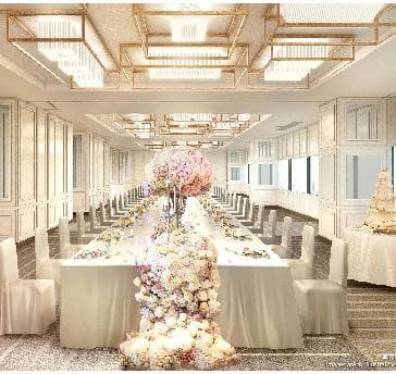 2018年4月に新宴会場オープン。3階中宴会場「奈良」。日差しが優しく差し込み、まるで自宅のリビングでくつろいでいるような居心地の良い上質空間です。180名様収容可能。中規模の婚礼やビジネスエグゼクティブの方々のセミナーやパーティーなどに最適です。