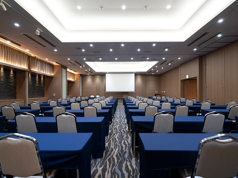 講演会やセミナー、研修等、企業、団体様の会議など、120名様まで収容可能な大ホールから、少人数でご利用の会議室まで、あらゆるニーズにお応えする空間をラインナップ。
スクール形式：3名がけ120名様
シアター形式：200名様
ロの字形式：54名様
