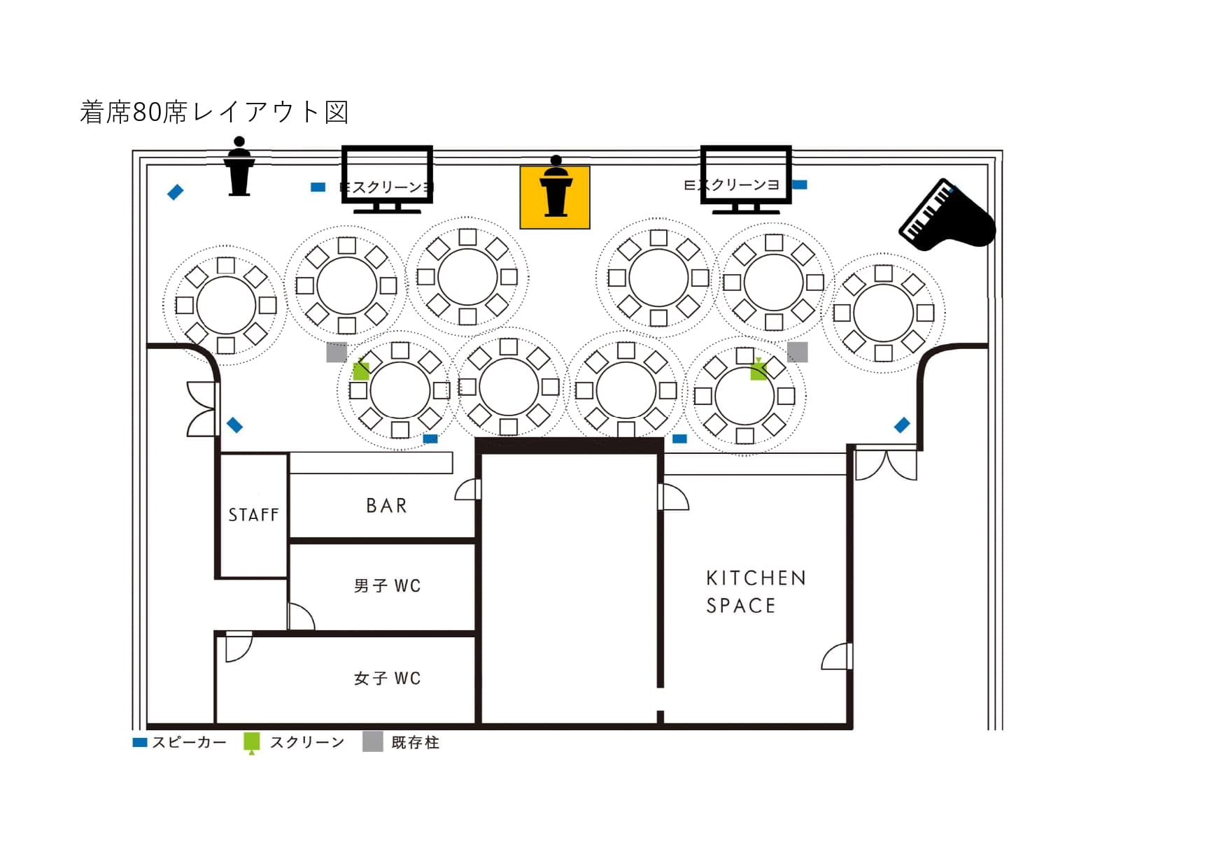 会議、講演会、セミナーで利用可能
円卓着席80名まで収容可能
スクリーン、プロジェクター完備