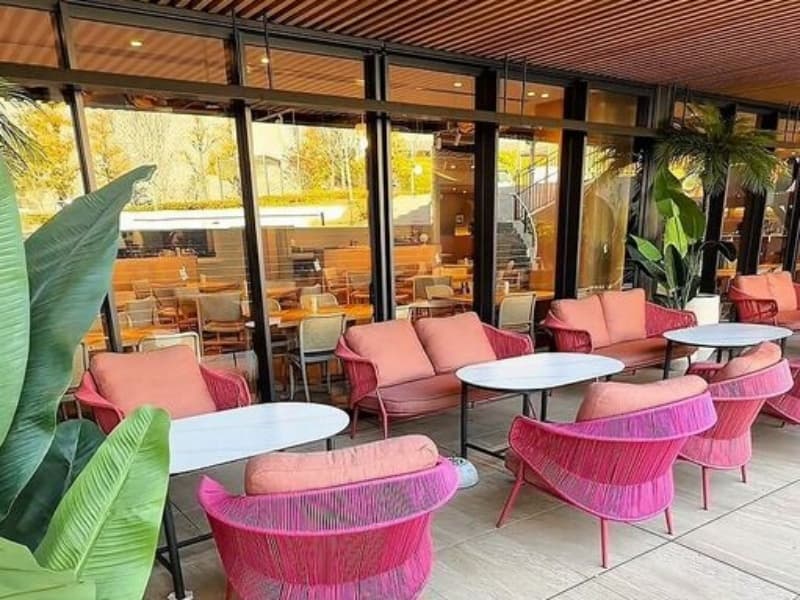 代々木公園の緑を望む開放的なテラス席。ピンク・コーラルカラーの鮮やかなソファ席は、リゾート感あふれる屋外空間を華やかに彩ります。