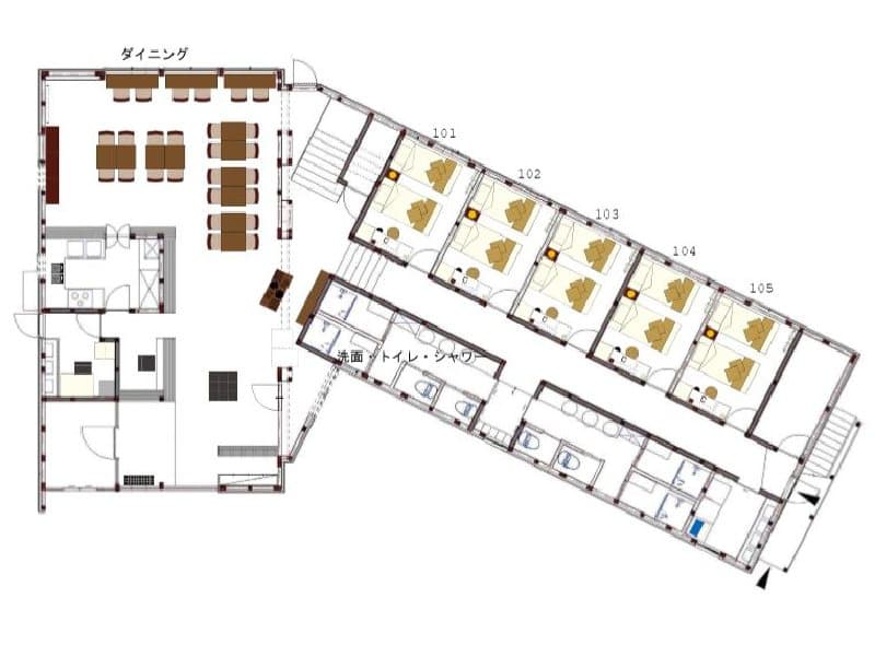 建物１階のレイアウト図です。
ダイニングエリア（会議・研修可能。２６席）
エコノミールーム５部屋、共同シャワー&トイレ、売店があります。