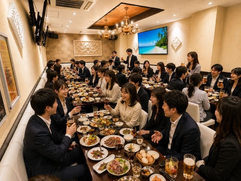 会社宴会・懇親会・歓送迎会など幅広いシーンに対応。大人数でもゆったり過ごせる空間で、美味しい料理と会話を楽しみながら、特別なひとときをお過ごしいただけます。カラオケ利用ももちろんOK！大型モニター完備で映像上映や余興演出にも対応可能です。
