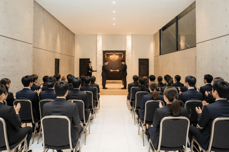 入社式・内定式・表彰式に最適な広さ、空間となっております。