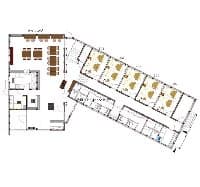 建物１階のレイアウト図です。
ダイニングエリア（会議・研修可能。２６席）
エコノミールーム５部屋、共同シャワー&トイレ、売店があります。