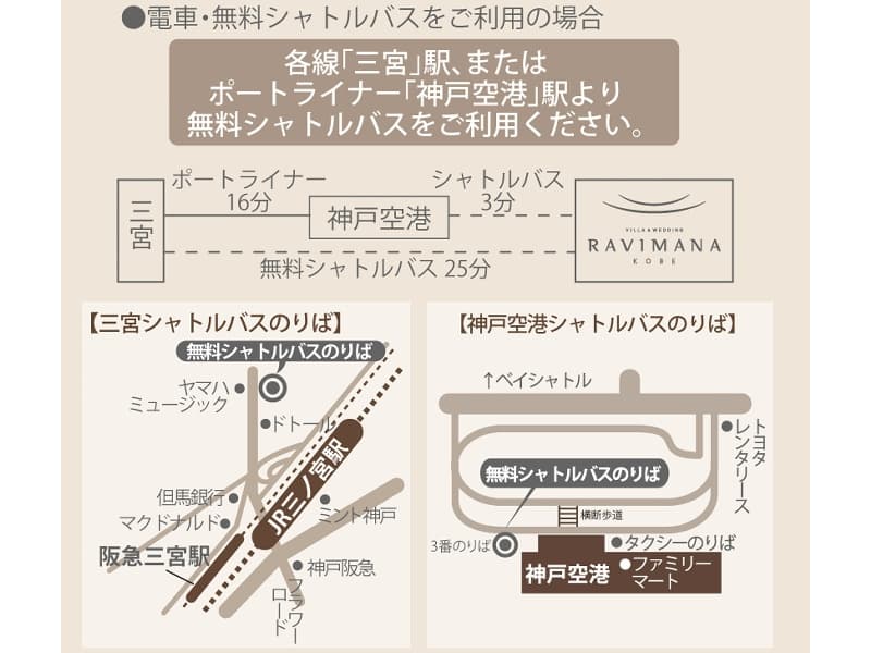 【巡回シャトルバス乗り場案内】各線三宮駅(JR/阪急/阪神/地下鉄)から北側山側)へ徒歩約2分の所に無料シャトルバスのバス停がございます。土日祝は神戸空港からもご乗車いただけます。平日は7日前の事前予約制で神戸空港を経由いたします。ご相談ください。