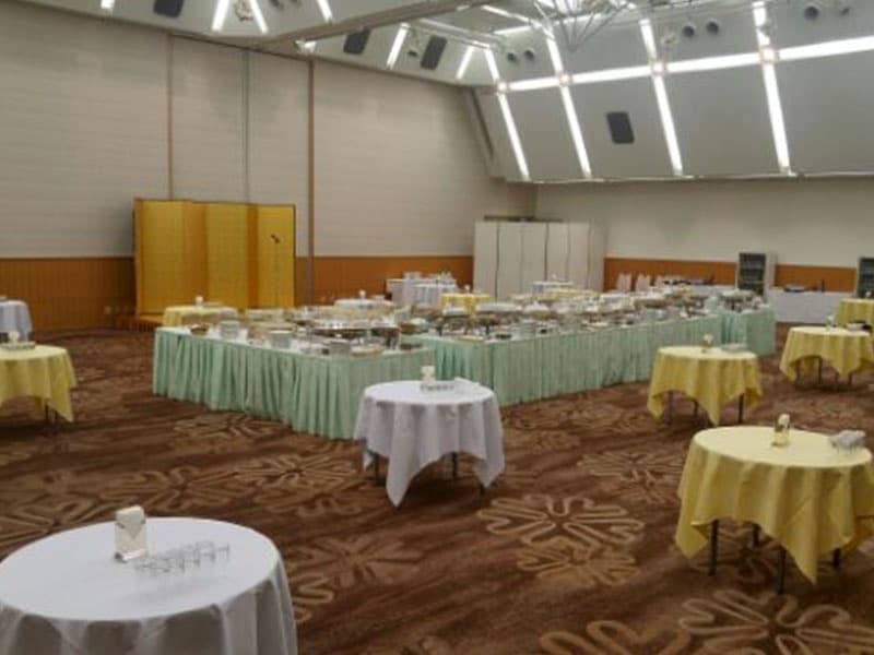 【２階　鳳凰】面積356㎡・天井高7ｍ立食300名／着席200名／スクール273名／シアター360名　天井も高く、ゆったりとくつろげる会場です。会場前にはホワイエ、貴賓室もあり、控室としてご利用いただけます。
