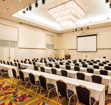 スクールスタイル／間仕切りのある大宴会場で会議とパーティーなど一連の催しをスムーズな施行が可能です。
