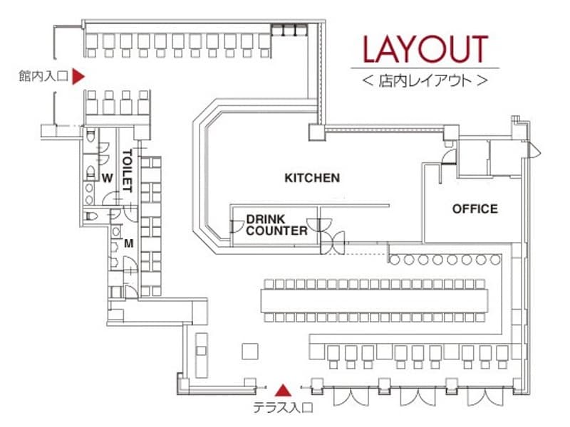 店内レイアウト図。２団体対応可能。
約３２㎡と７５㎡
完全貸切の場合は上側のフロアを荷物置き場。
下側を懇親会場として利用される場合が多いです