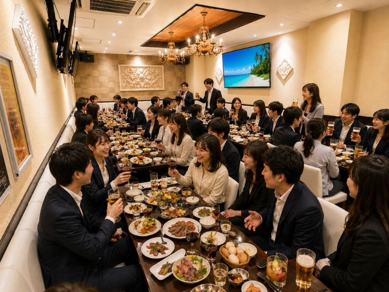 会社宴会・懇親会・歓送迎会など幅広いシーンに対応。大人数でもゆったり過ごせる空間で、美味しい料理と会話を楽しみながら、特別なひとときをお過ごしいただけます。カラオケ利用ももちろんOK!大型モニター完備で映像上映や余興演出にも対応可能です。
