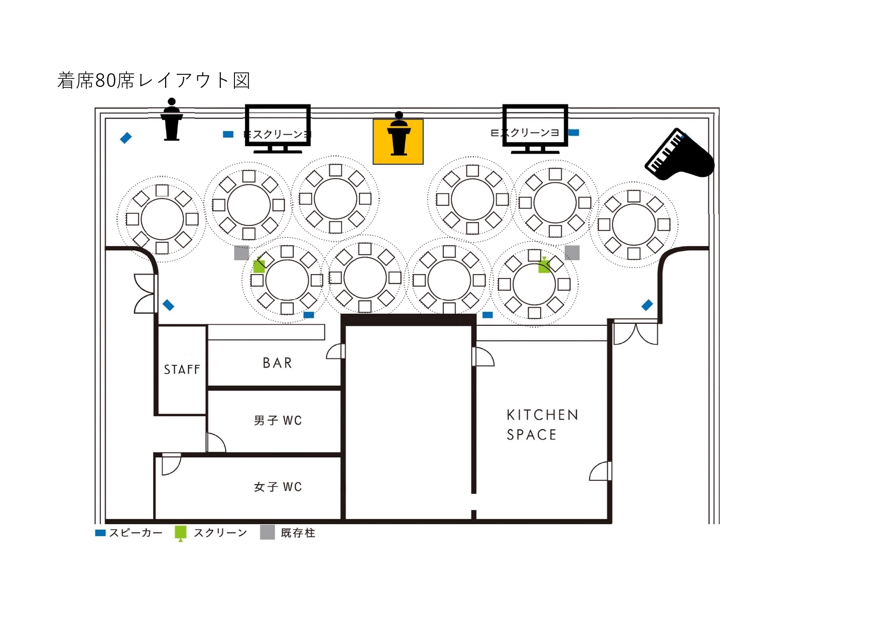 会議、講演会、セミナーで利用可能
円卓着席80名まで収容可能
スクリーン、プロジェクター完備