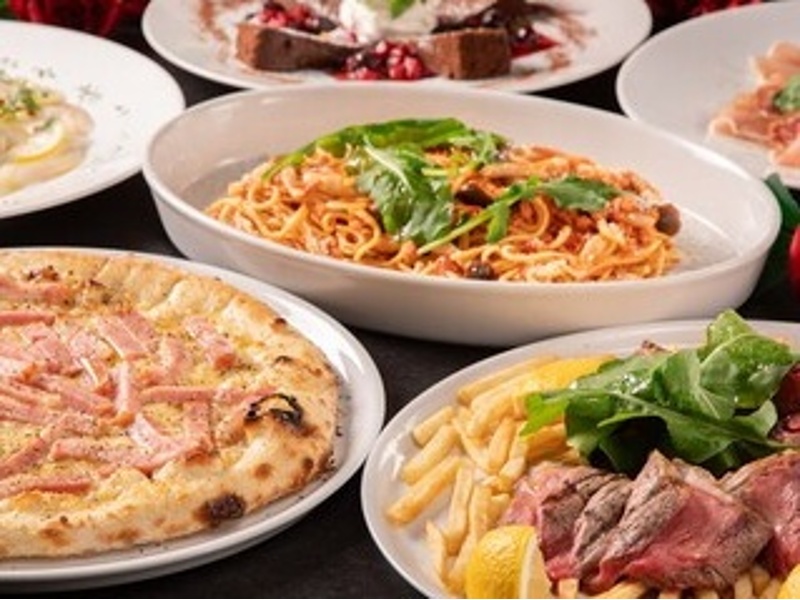 【ディナー・2時間飲み放題付き大皿プラン】 ~各種ご宴会に~ 窯焼きピッツァとパスタなど全6品+2h飲み放題 お一人様¥8800