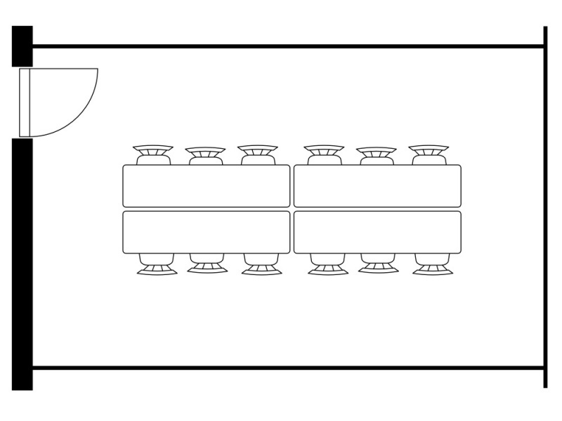 4台のデスクを連結し、最大12名まで着席可能な島型レイアウトです。中央に座席を集めることで視線が合いやすく、活発な意見交換を促進。ドアの開閉や移動スペースに配慮したゆとりある配置計画となっています。