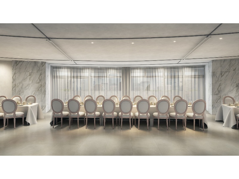 3Fバンケット【総会・懇親会レイアウト】着席～83名。表彰式や周年記念パーティーに。横浜港を望む開放的な空間です。海と緑を臨む開放的な空間は、閉塞感を感じさせず、長時間の研修やオフサイトミーティングでも参加者の集中力を維持します。