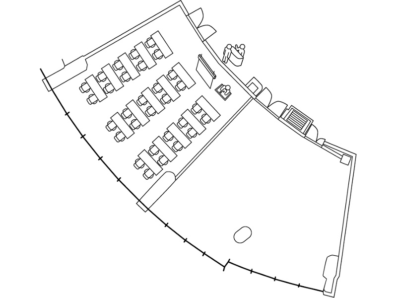 プレミアホールの分割利用、94㎡のお部屋です。
スクール形式30名様ご利用時のレイアウトです。
最大40名様まで収容可能です。