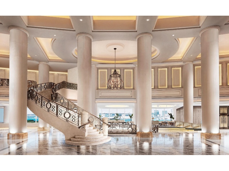 2026年7月リニューアルオープンのホテル2階ロビー。光が差し込み、明るく開放感あふれる空間です。大階段を利用した撮影などの利用も可能