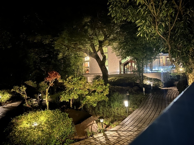 駐車場からフロントに続く小道のライトアップです。お足元にお気をつけてご来館くださいませ。