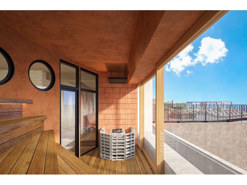 ルーフトップエリアに繋がる水着着用の共有サウナ 沖縄の海と風を感じながら、ととのう贅沢な時間を。