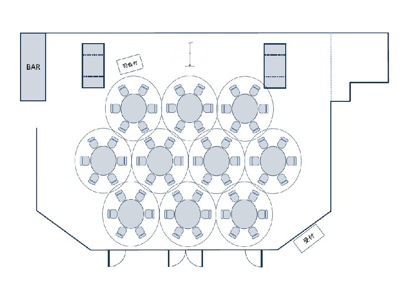 60名のサンプルレイアウトとなります。
最大8名様までご着席いただけ、13テーブルまで収容可能でございます。