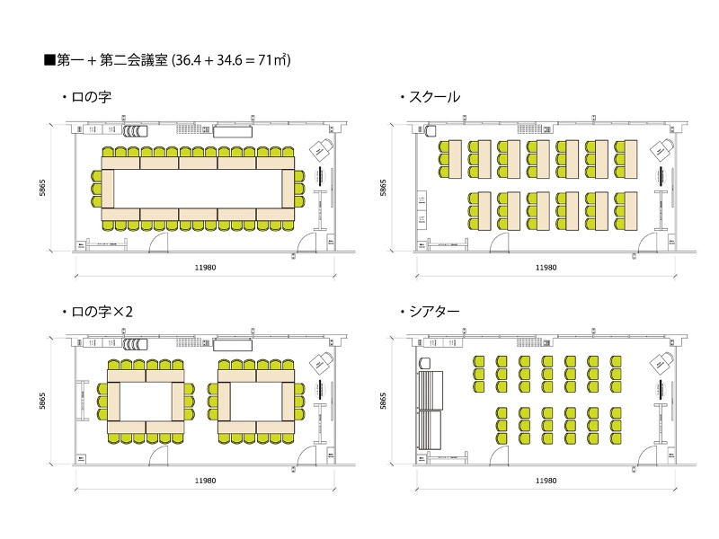 【レイアウト例：第一+第二会議室】最大39名着席可。予約時に希望レイアウトをお伝えいただければ事前にセッティングいたします。