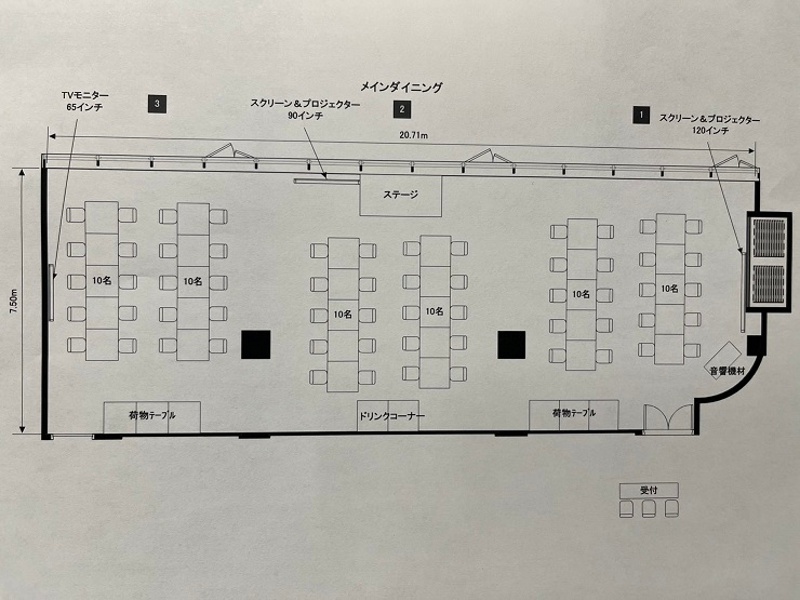 3部屋ご利用の際の着席パーティーのイメージレイアウトとなります。
最大着席は100名様となっております。
最大で3台のモニター・スクリーンやテラスもご利用いただけます。