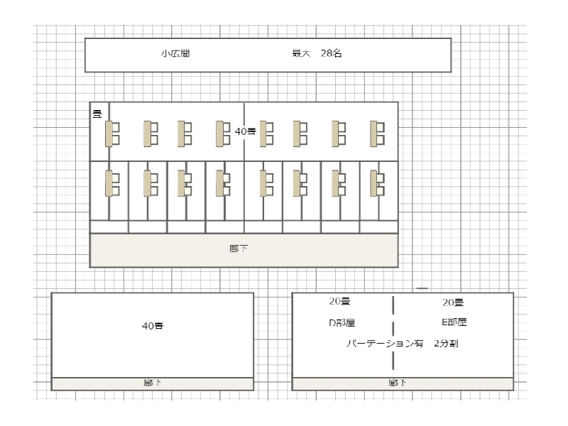 40畳　2分割　20畳　2部屋
客室としての利用が多いです。
また音楽合宿では　パート練習会場として利用しております。
会議室等で利用
また　客室でも利用　　20畳　最大10名　宿泊　　2部屋