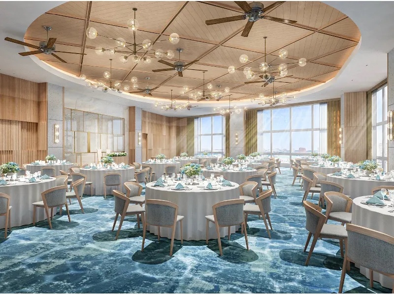 THE OCEAN ROOM（7F）着席~200名様 大きな窓から自然光が差し込む開放的な空間。 オープンキッチンを備え、出来立ての料理とともに特別な時間を演出。 パーティーやレセプションに。
