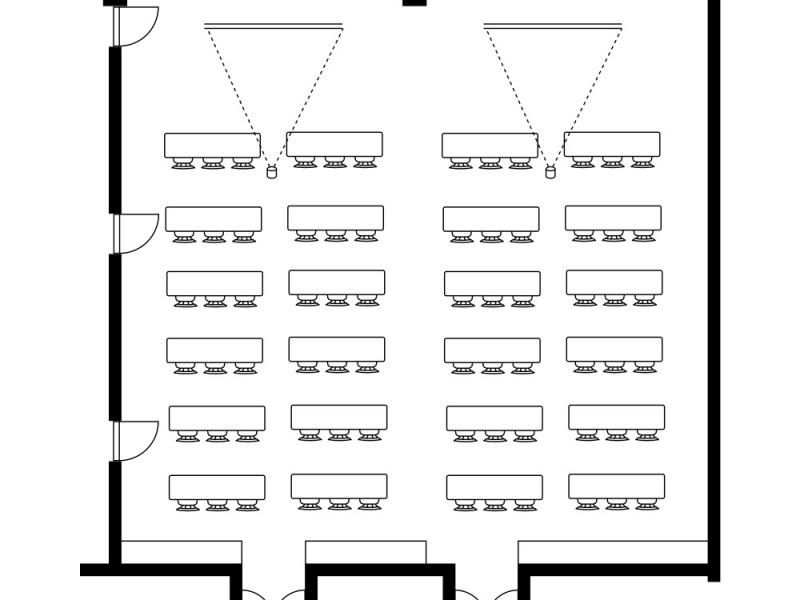 最大144名（シアター型）まで収容可能な大規模レイアウト図です。スクール形式でも72名までゆとりを持って着席可能。音響装置、ワイヤレスマイク、演台など、プロフェッショナルな催事を支える充実の無料設備を活かした動線計画となっています。