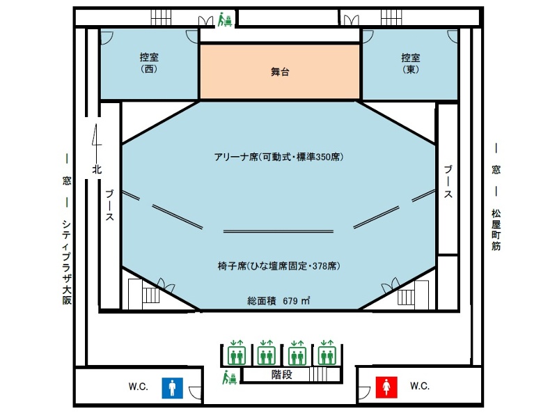 ８階のフロア図です。控室が東西２カ所あります。西控室では有線ＬＡＮが使用可能です。東控室はメイク用の鏡が設えてあります。