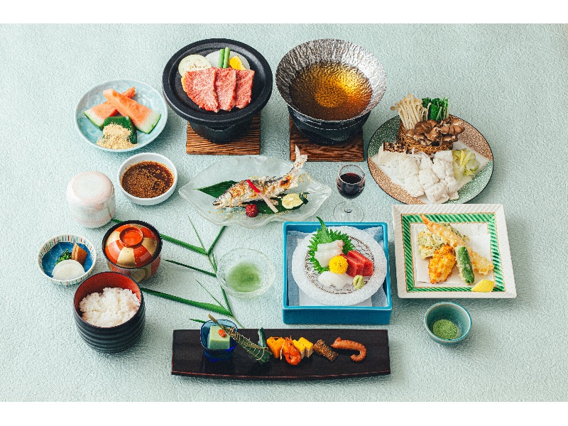 初夏から暑い時期限定の「鱧と鮎と大和牛の会席」。天婦羅はオプショナルです。