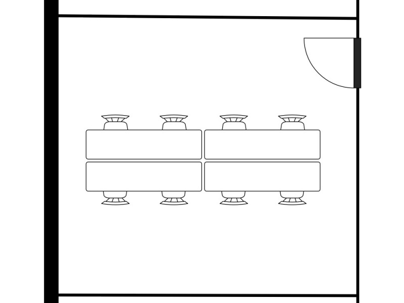 最大8名まで収容可能な島型（対面形式）の配置図です。4名掛けのテーブルを2台連結した中央レイアウトになっています。