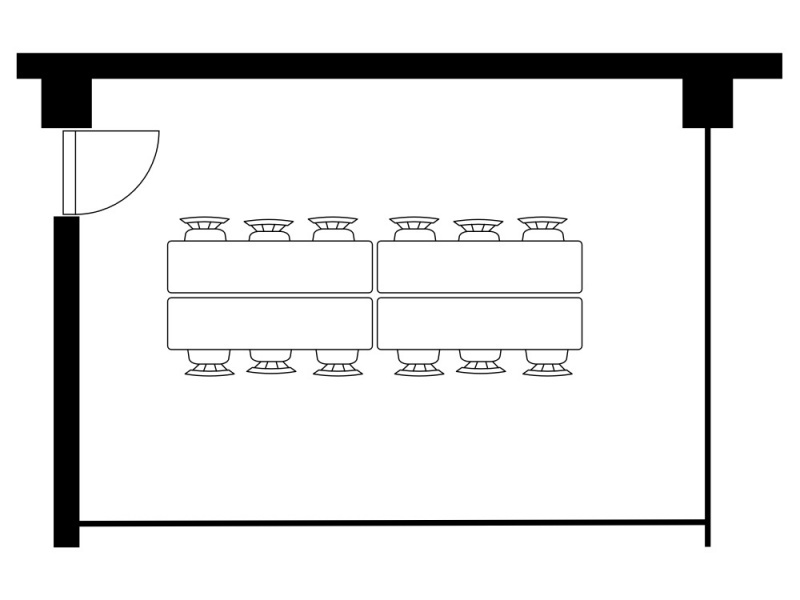 島型形式で最大12名まで着席可能なレイアウト。4つのテーブルを中央に連結させた配置により、参加者全員の顔が見渡しやすく、円滑なコミュニケーションを促進します。