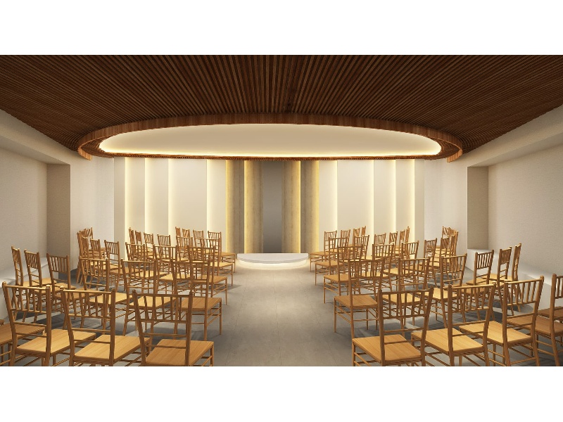 3F セレモニースペース【式典・表彰式】着席90名。白を基調とした独立型ホールは、内定式・入社式・調印式など厳粛なビジネス儀礼に最適。自然光が降り注ぐ明るい空間が、アワードや認定式の舞台として参加者の誇りを高め、記憶に残る一日を演出します。 